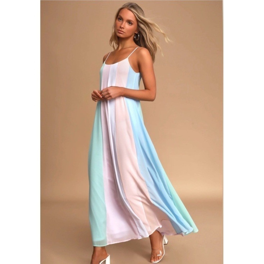 Pastel Multi-Stripe Maxi Slip Dress Womens M Multicolor Fairycore Beachy Summer